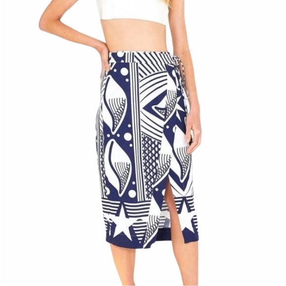 Farm Rio Cowrie 100% Linen Blue and White Shell Midi Skirt SZ S - Picture 11 of 11